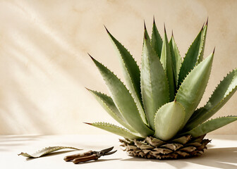Fototapeta premium Mature green agave plant with pruning shears and fallen leaf, gardening and plant care concept.