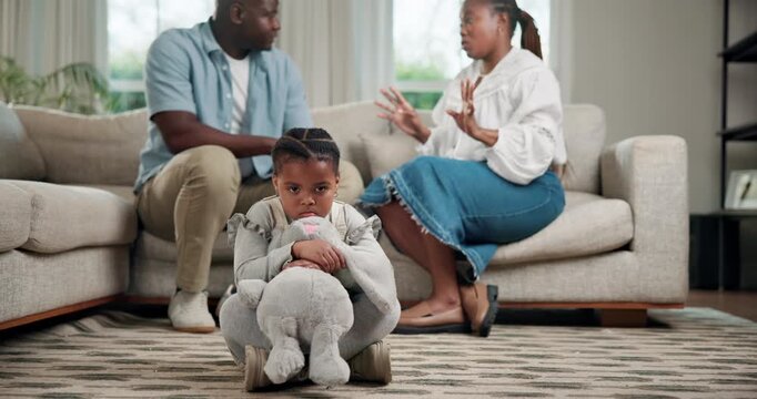 Daughter, parents and black child with fight in home for argument, conflict or divorce. Kid, stress and teddy bear with mom and dad in disagreement for break up, separation or living room dispute
