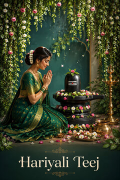 Happy hariyali teej woman in green saree worships decorated shiva lingam beneath floral vines during sacred kajari teej rituals with devotion ceremony