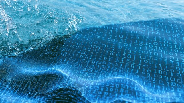 Rippling blue digital waves blend with flowing water, abstract technology
