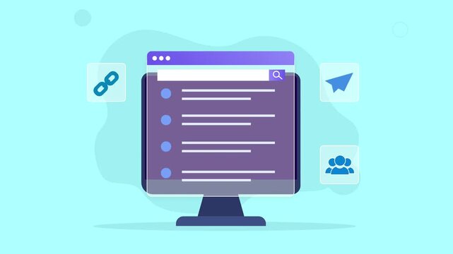 Flat vector animated desktop monitor displaying a cloud integration dashboard with API connection, cloud services, messaging, and workflow interface. Ideal for business, productivity, and technology m