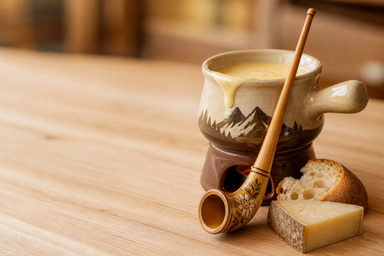 Miniature wooden alphorn with cheese fondue pot, bread and alpine cheese, Swiss food concept