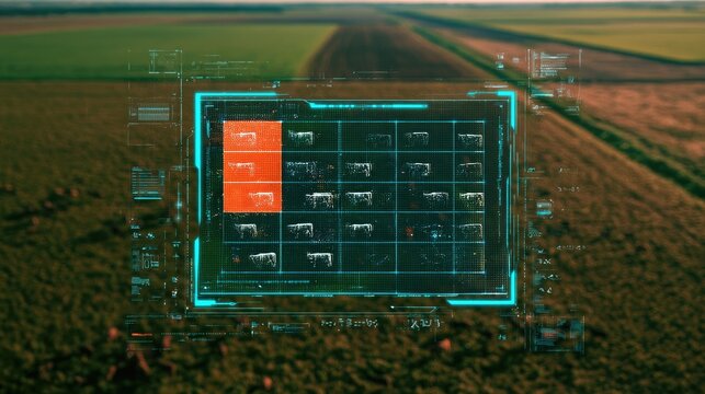 Futuristic interface overlays agricultural field data, analyzing drone footage