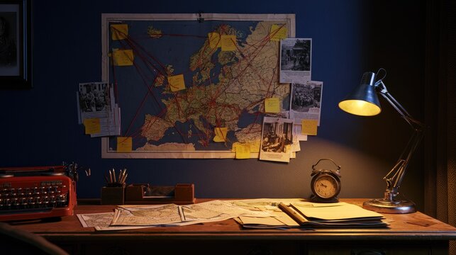 Desk with Europe map, photos, and typewriter, dimly lit
