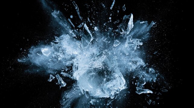 Sharp ice fragments explode outwards in a frozen burst against a dark background