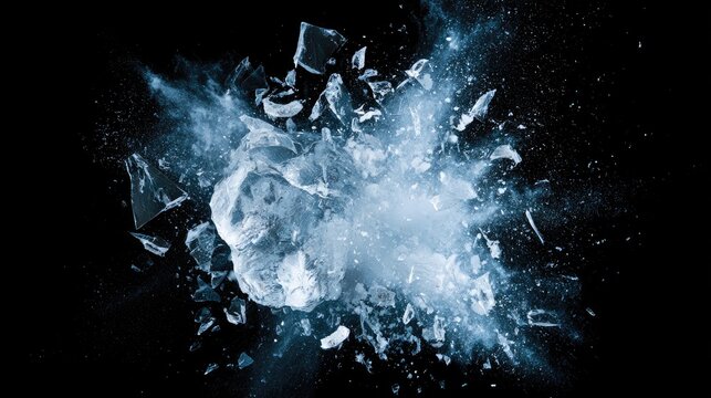 Shattering ice exploding into shards with frosty mist against black