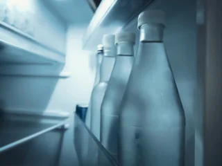 Chilled glass water bottles standing inside a dark home refrigerator © Win Nondakowit