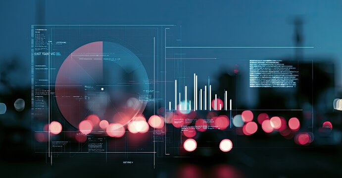 Abstract futuristic data visualization over blurred city lights