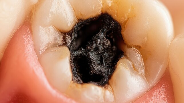 Extreme close-up of a decayed tooth with deep dark cavities and discolored enamel