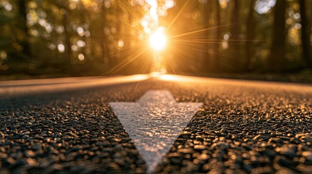 A sunburst at the end of an asphalt road with a white directional arrow