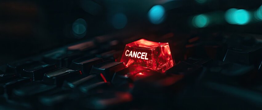 A close-up of a red, illuminated "CANCEL" button on a dark keyboard