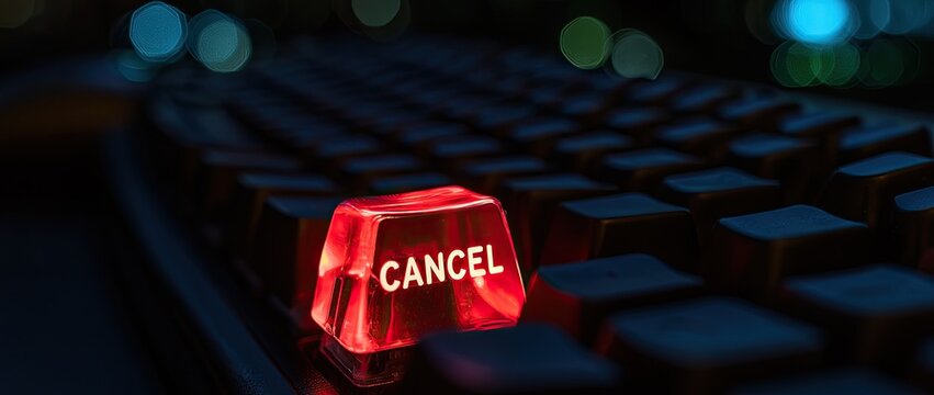 A red, glowing key with the word "CANCEL" sits on a dark keyboard