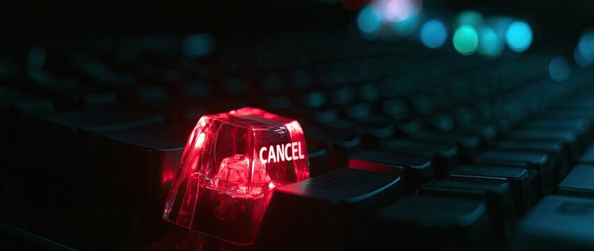 Illuminated red "CANCEL" button glows brightly on a dark, futuristic keyboard