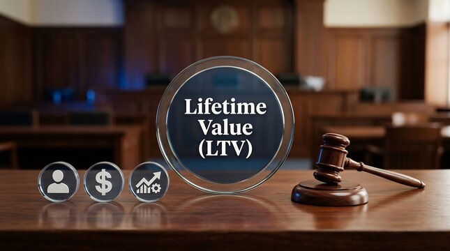 Lifetime value LTV courtroom concept, business analytics, finance, customer growth, retention