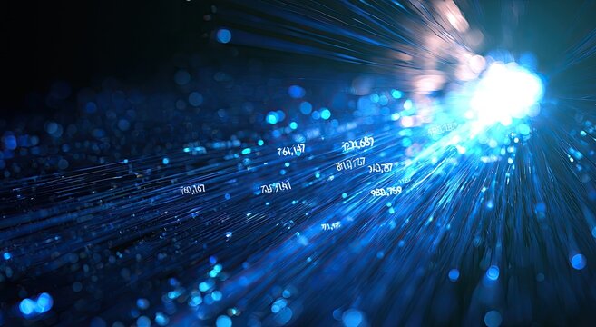 Glowing blue fibers with data points illuminate a dark abstract background