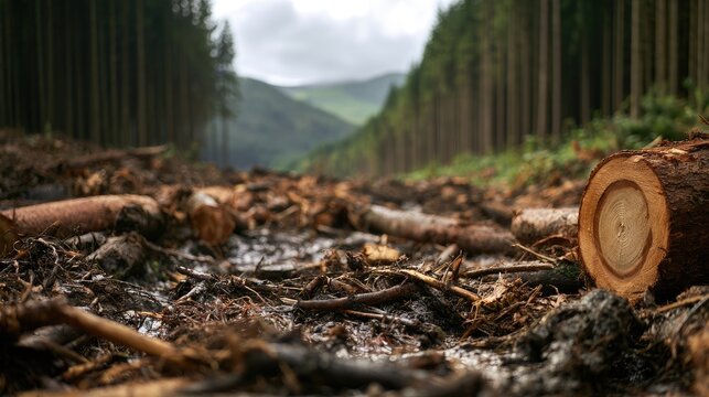 Clearcut forest floor with felled logs, muddy debris, and distant hills