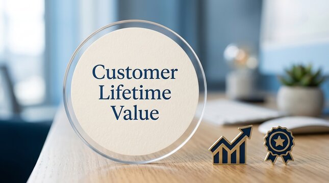 Customer Lifetime Value glass circle, growth chart award, business marketing