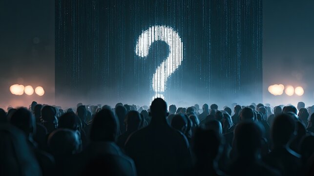 Crowd gazes at large illuminated question mark on dark, foggy stage