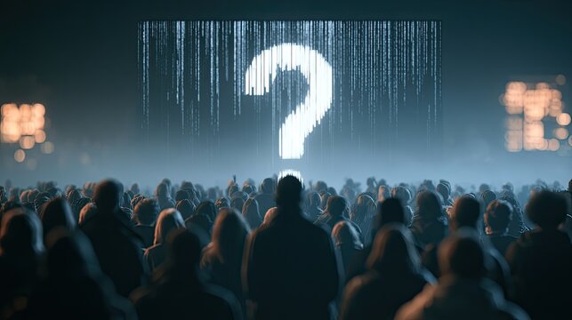 A crowd gazes at a giant, glowing digital question mark on a screen