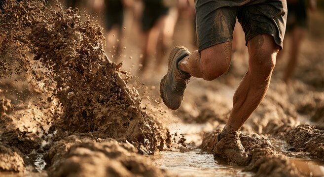 Muddy obstacle race, participants splash through a challenging, dirty course
