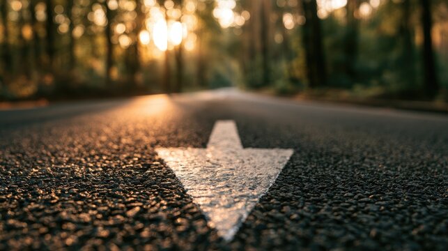 Sunlit forest road with a white arrow painted on the asphalt
