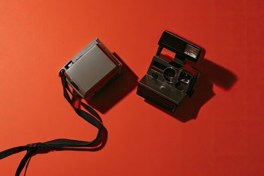 Two vintage instant cameras with a strap on an orange background