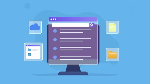 Flat vector animated desktop monitor displaying a cloud file management dashboard with cloud storage, folders, documents, and workflow interface. Ideal for business, productivity, and technology motio