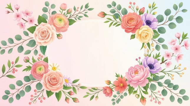 A floral arrangement with pink, yellow, and purple flowers, green leaves, and berries on a light blue background.