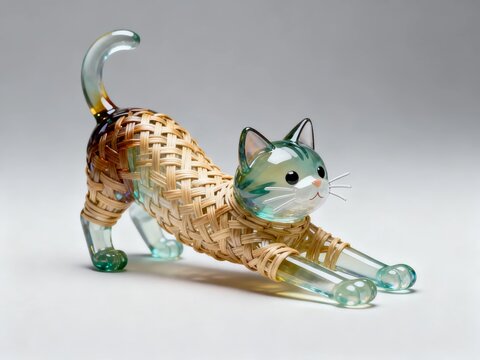 Glass and woven cat figurine in crouching pose with translucent limbs and detailed facial features