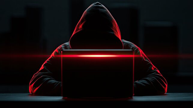 Hooded figure illuminated by glowing laptop screen in dark room