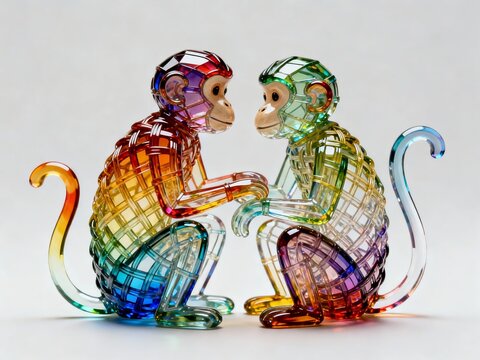Two colorful glass monkey figurines sitting face to face, featuring a rainbow gradient and geometric patterns