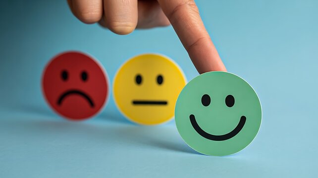 Customer satisfaction concept with emoticon faces showing happy neutral and sad feedback evaluation 