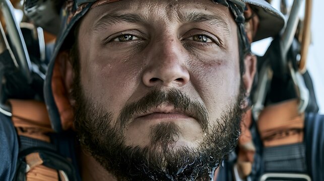 Prompt: A raw, vertical-feeling portrait captured horizontally. An electrician leaning against safety harness equipment, sweat dripping from his chin, face flushed from heat and physical strain. 