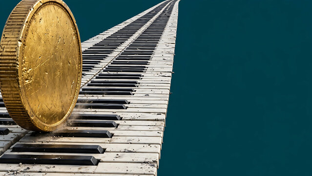 Gold Coin Rolling Down Long Piano Keyboard Path Against Teal Background Symbolizing Investment in Music and Performance Arts