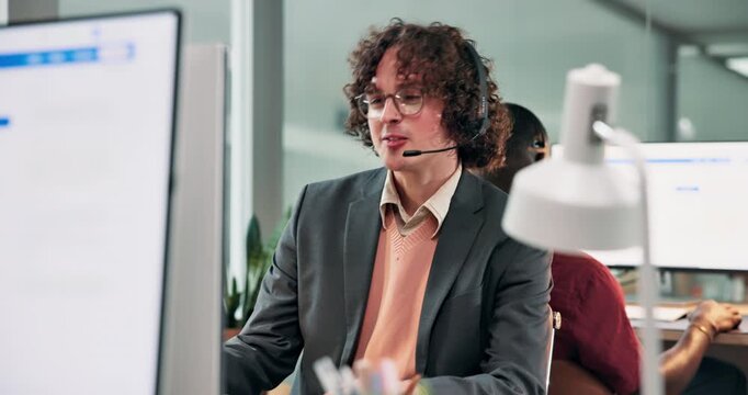 Consulting, man and happy at computer in call center for tech support, account access or assistance. Coworking, helpdesk technician and mic for remote diagnostics, problem solving or customer service