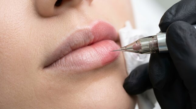 Cosmetic technician performing lip blush semi-permanent makeup with a rotary pen.