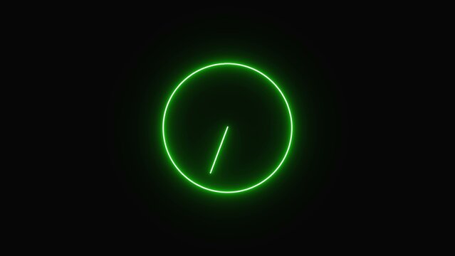 A glowing green neon circle clock icon with a single hand isolated on a dark black background representing time and loading progress for digital user interface design and tech web graphics