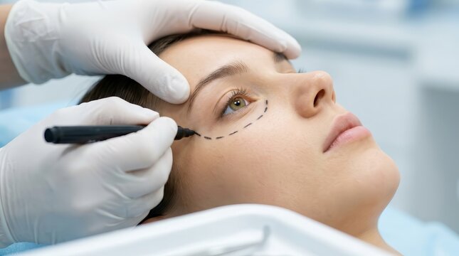 Cosmetic surgery planning with precise eyelid skin markings for blepharoplasty.