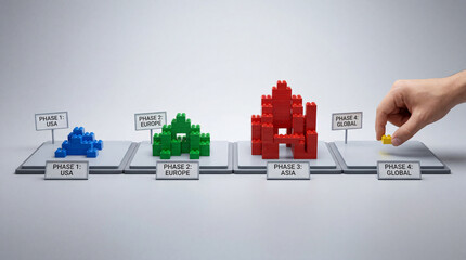 Fototapeta premium Business expansion strategy concept with lego blocks representing phases from usa to global market growth