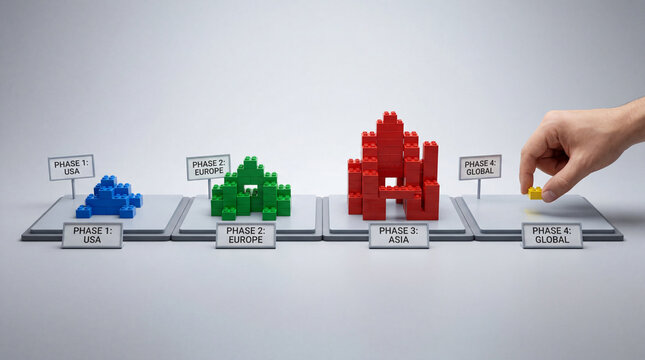 Business expansion strategy concept with lego blocks representing phases from usa to global market growth