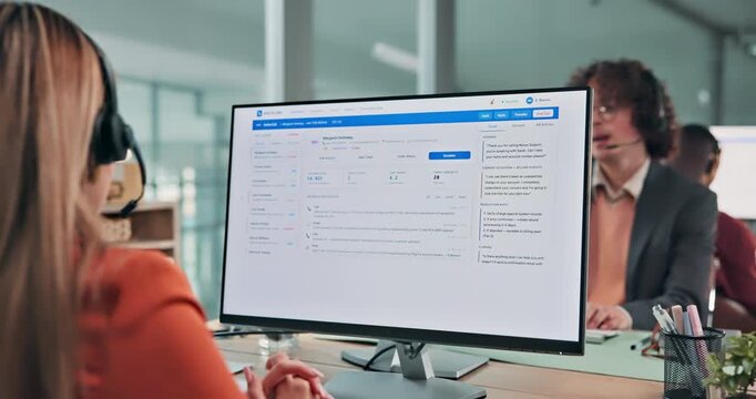 Mic, woman or computer screen with help in call center for network glitch, account access or guide. Coworking, tech support agent or back for remote diagnostics, issue resolution or ticket escalation