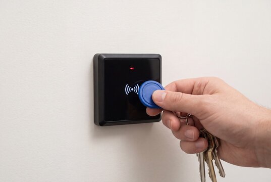 Hand using a blue RFID key fob on an electronic access reader