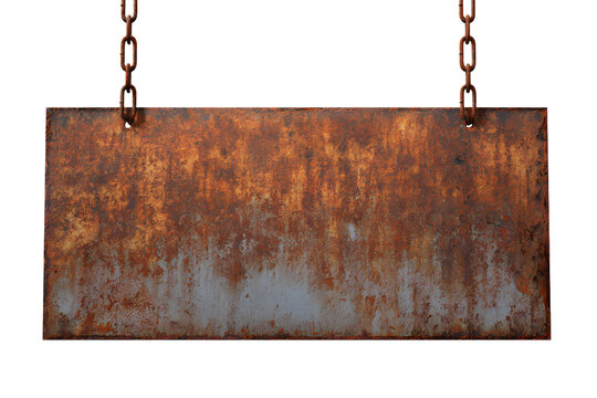 A rusted metal sign with a blank surface hanging by chains, offering an aged look and space for text, set against a clear background