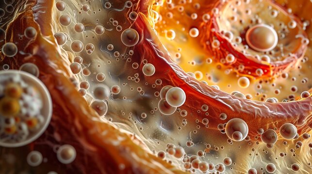 Cross section of human duodenum distinct cell types visible enterocytes goblet cells enteroendocrine cells Paneth cells each highlighted in a different warm editorial tone photorealistic anatomy art