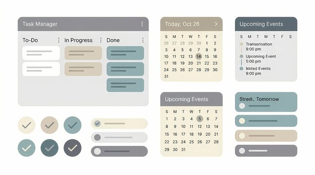 Task manager user interface components display calendars, event schedules, checkmarks, and project tracking widgets.