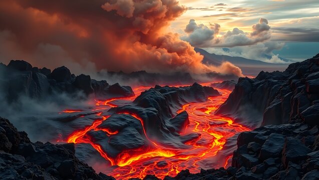 Volcanic eruption with flowing lava. Molten magma river streaming through rocky landscape.