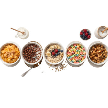 Assorted Breakfast Cereals in Bowls Top View