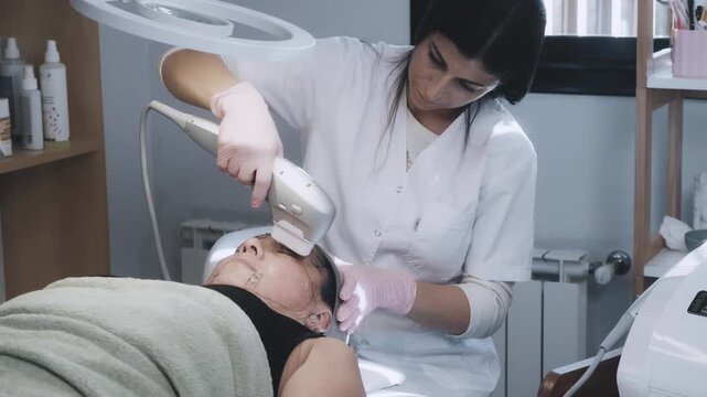 Skincare Professional Delivering Facial Treatment With Specialized Handheld Applicator