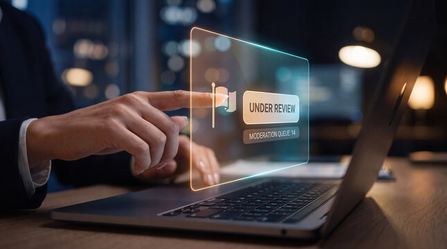businesswoman touching glowing content moderation interface with flag icon on laptop to review flagged post status, verify community guideline compliance, and manage platform safety workflow