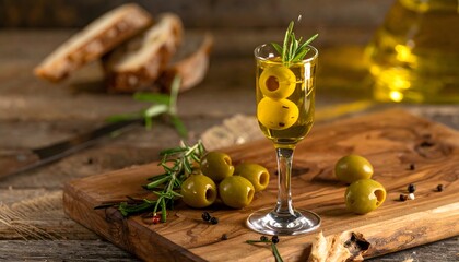 Copa con aceitunas verdes ensartadas y rama de romero sobre una tabla de madera junto a aceite de oliva © EBG Stock Studio